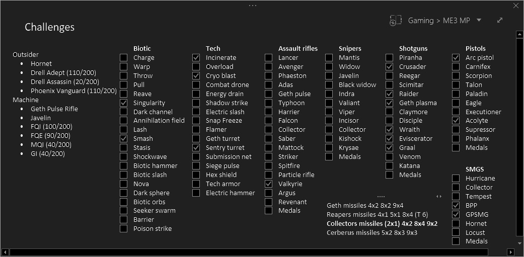 My to-do list for ME3MP challenges